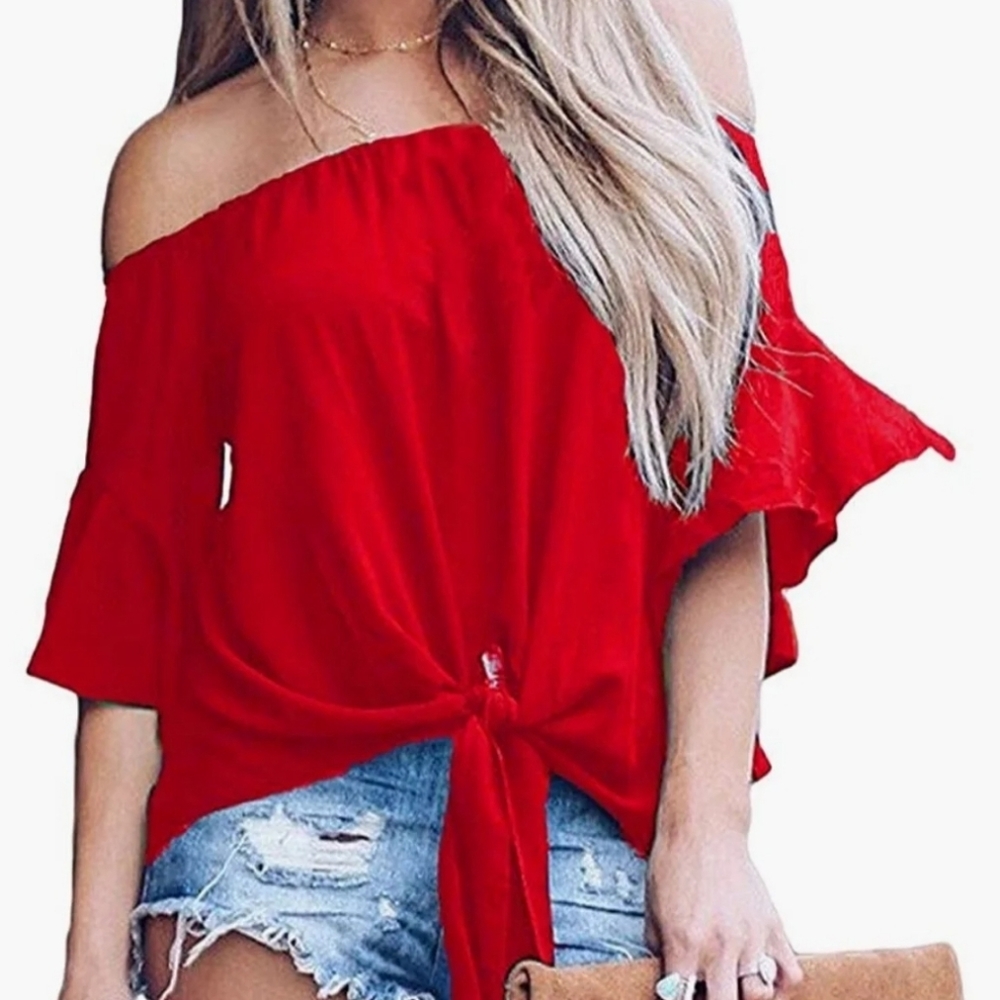 LuckyMore Womens Striped Off Shoulder Bell Sleeve Shirt Tie Knot Summer Blouses